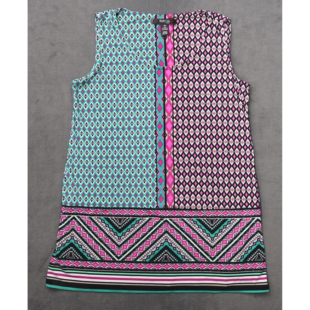 Style & Co Womens PM Multicolor Excellent Geometric Print Short Sleeve Blouse